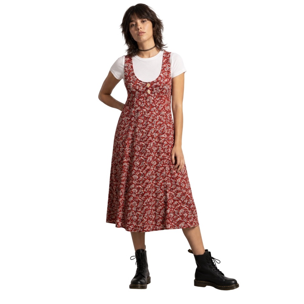 Floral 90s Pinafore Express Jumper Dress Scoop Neck Rayon XS Red Vintage